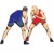 Two persons in blue and red uniforms wrestling
