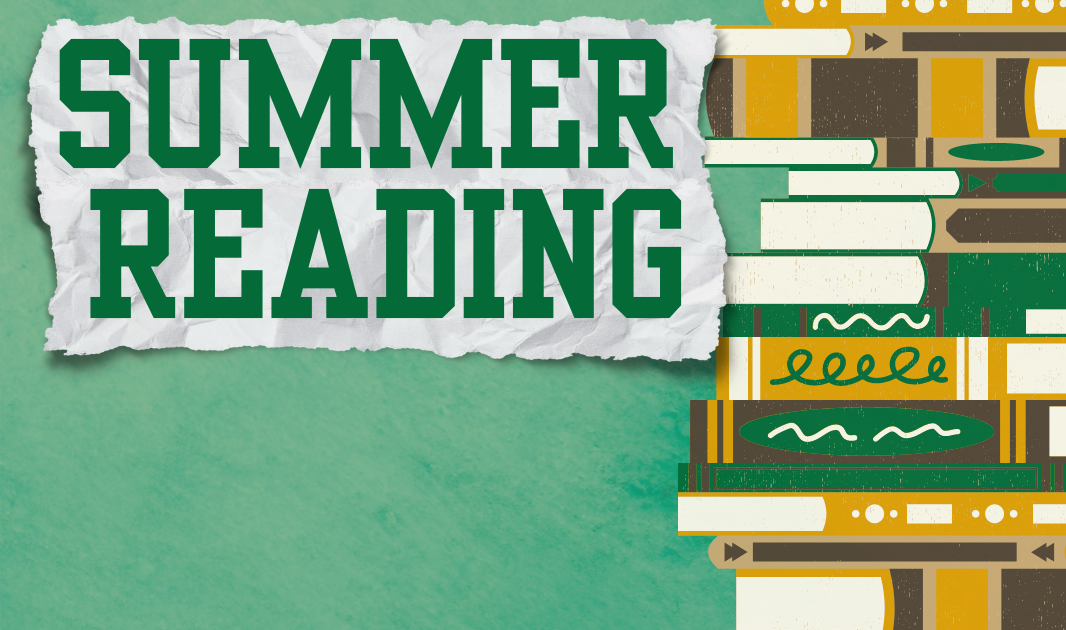 Summer reading. A stack of books on the right side, colored green and gold. thumbnail